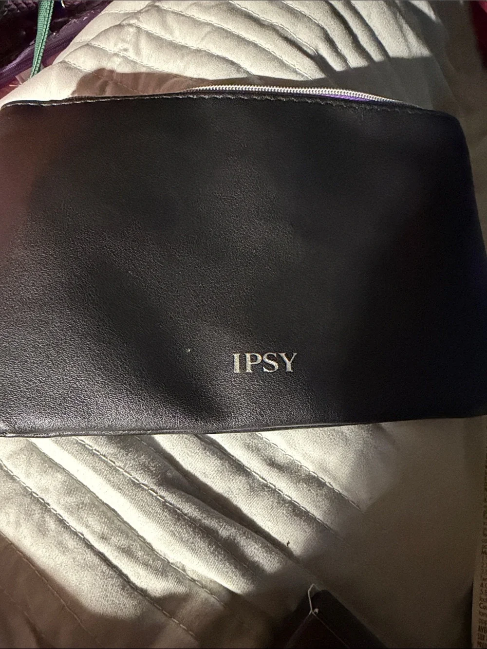 ipsy Black Faux Leather Cosmetic Pouch with Silver Logo with brow makeup
